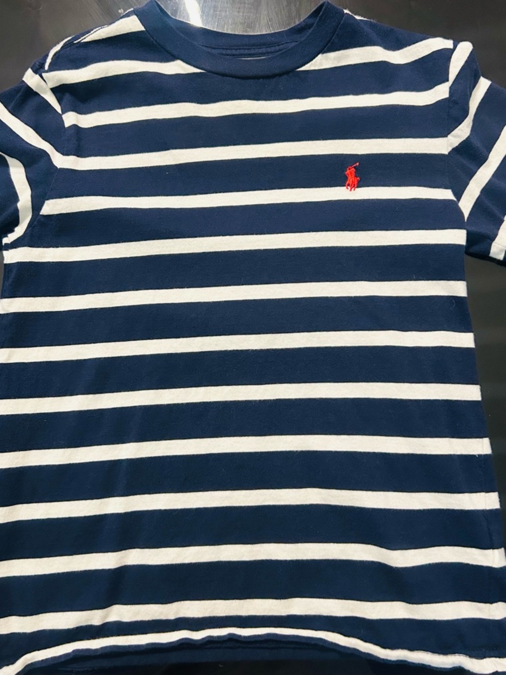 Polo by Ralph Lauren Navy & White Striped Short Sleeve Tee with Red Pony